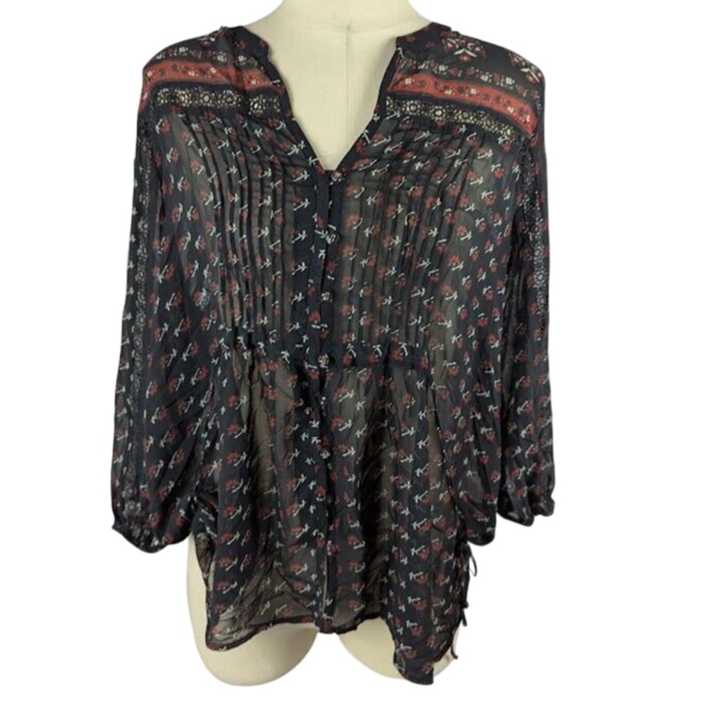 American Rag Trendy Plus Printed Babydoll Blouse Size 0X Black Combo Boho Sheer